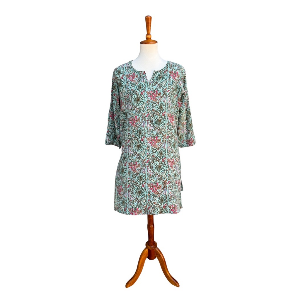 Vishnu Women’s XXL Blue Floral Beaded Embroidered Indian Kurta Tunic Top